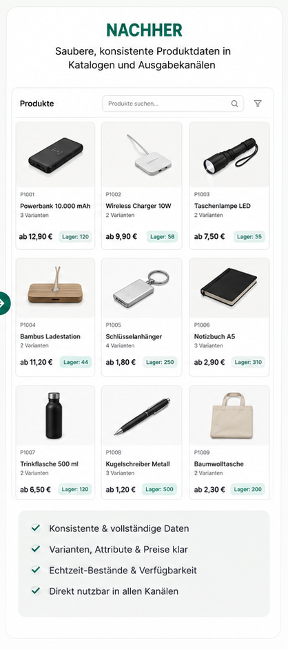 Nachher: Strukturierte Produktdaten werden als übersichtlicher digitaler Produktkatalog bereitgestellt